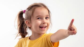 Human smiling pointing at something isolated on white background photo