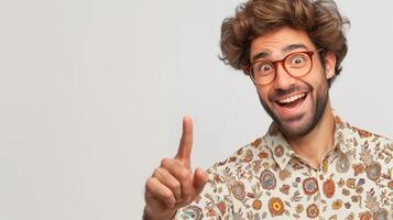 Human smiling pointing at something isolated on white background photo