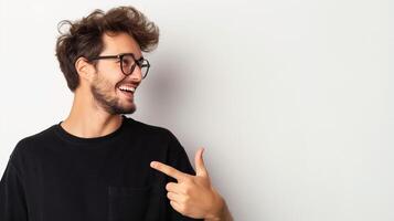 Human smiling pointing at something isolated on white background photo