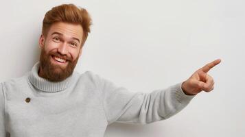 Human smiling pointing at something isolated on white background photo