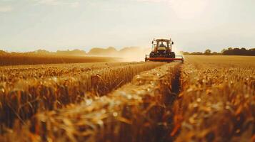 A combine harvester working in a field against a background of wheat and a beautiful landscape photo
