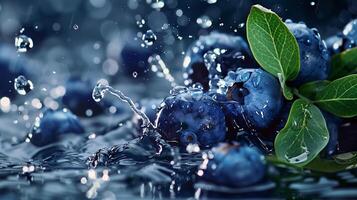 Blueberries with leaves and splashes of water on a monochrome background photo