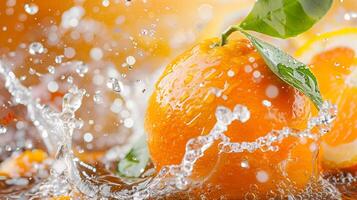 Orange with leaves and splashes of water on a monochrome background photo