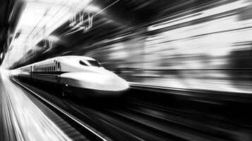 Photo of a high-speed train in motion with a blurred background