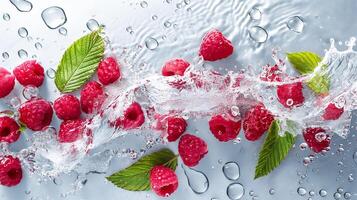 Raspberry with leaves and splashes of water on a monochrome background photo