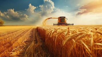A combine harvester working in a field against a background of wheat and a beautiful landscape photo