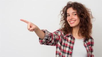 Human smiling pointing at something isolated on white background photo