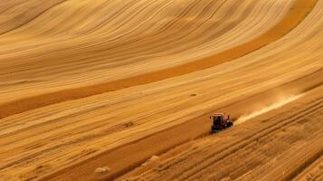 A combine harvester working in a field against a background of wheat and a beautiful landscape photo