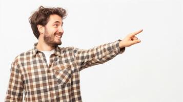 Human smiling pointing at something isolated on white background photo