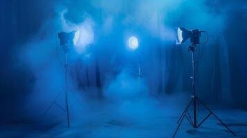 A photo studio with spotlights and shooting equipment, with beautiful fog and light