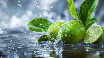 Lime with leaves and splashes of water on a monochrome background photo
