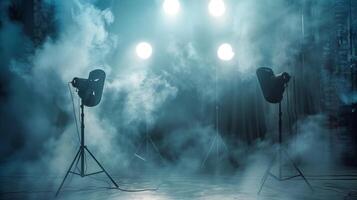 A photo studio with spotlights and shooting equipment, with beautiful fog and light