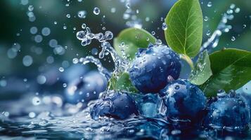 Blueberries with leaves and splashes of water on a monochrome background photo