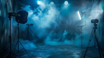 A photo studio with spotlights and shooting equipment, with beautiful fog and light