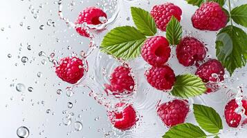 Raspberry with leaves and splashes of water on a monochrome background photo