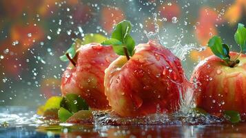 Apples with leaves and splashes of water on a monochrome background photo