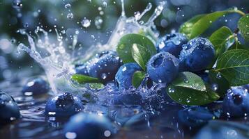 Blueberries with leaves and splashes of water on a monochrome background photo