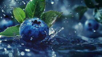 Blueberries with leaves and splashes of water on a monochrome background photo