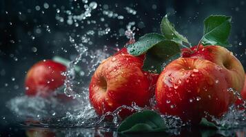 Apples with leaves and splashes of water on a monochrome background photo