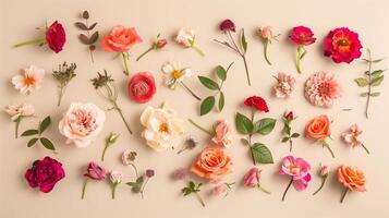 Beautiful flower branches and buds on one colored floral plain background photo