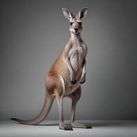a kangaroo standing on its hind legs in front of a gray background photo