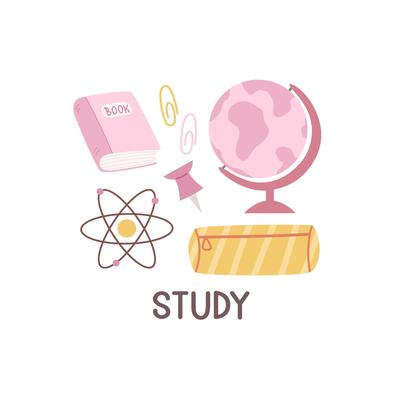 Study. Cartoon set for children with thematic elements, hand drawing lettering.