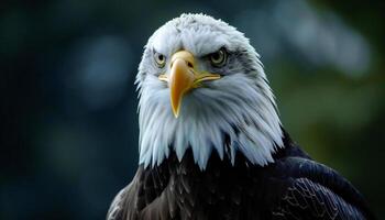 A bird of prey with a distinctive appearance, a bald eagle, in close-up photo