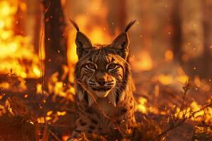 Lynx bobcat on a background of burning forest photo
