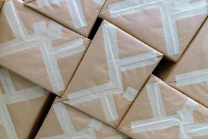 Paper parcels boxes with shipping goods in warehouse photo