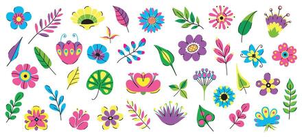 Vibrant collection of botanical doodles in flat, funky style. Set of 40 objects flowers and leaves for design vector
