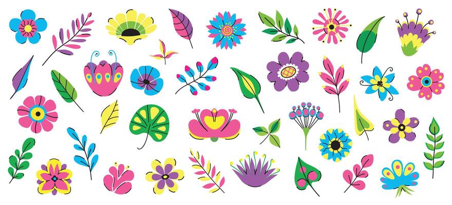 Vibrant collection of botanical doodles in flat, funky style. Set of 40 objects flowers and leaves for design
