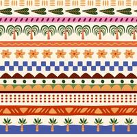 Tropical stripes seamless pattern. Tribal ethnic geometric lines, palms tree, abstract hand drawn elements. African, Aztec stripes on beige background. bright textile design, wallpaper, print vector
