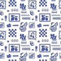 Blue tile summer seamless pattern. Abstract checkered elements, framed fruits. mosaic background. Geometric square shapes with lemons, cherry, vase. Mediterranean wallpaper, print, textile vector