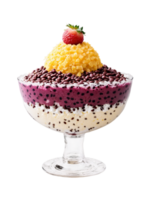 Korean Bingsu tall glass with shaved ice red beans and various toppings such as fruit png