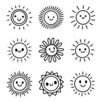 Collection of cute smiling sun illustrations in black and white, simple and monochromatic line art style, kawaii icon set. vector