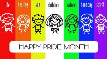 Happy pride month colorful kids banner illustration, pride flag with hand drawn cartoon, focus on diversity and inclusion. vector