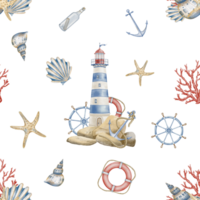 Watercolor Pattern with Lighthouse, seashells and nautical elements. Seamless Background with Beacon in pastel blue, red and beige colors foe wrapping paper or textile design. Sea backdrop for baby png