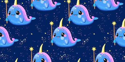 seamless pattern with cute narwhals with magic wand on dark blue background vector