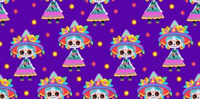 Bright seamless pattern with Catrina's on vivid liolet background. Day of the Dead concept vector