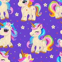 seamless pattern with cute little unicorns with bright hair and tail. on bright lilac background vector