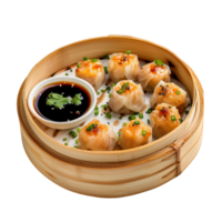 dumplings in a bamboo container with sauce png