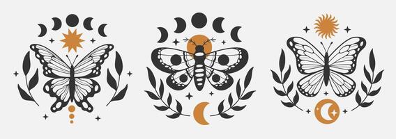 Set of mystical outline butterfly moth with moon. Graphic mystical and magical black print. Decor element vector