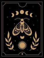 Mystical card with golden moth, moon. Magic and esoteric aesthetics. Outline boho insect on black background. vector