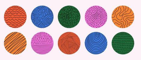 Set of multicolored textured pattern circle. Hand drawn curve wavy spot brush line. Contemporary modern trendy vector