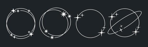 Minimalist Y2k figures. Abstract y2k aesthetic round shapes, circle shapes with stars and sparkles, geometric design frames flat illustration set. Trendy modern Y2k frames vector