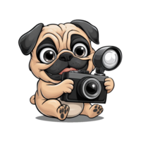 A pug dog is holding a camera with an external flash png