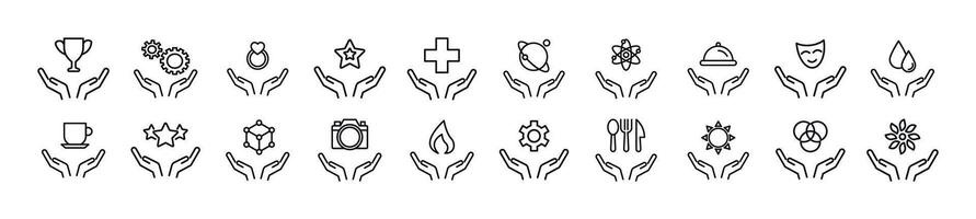 Set of line icons of items over hands. Editable stroke. Simple outline sign for web sites, newspapers, articles book vector