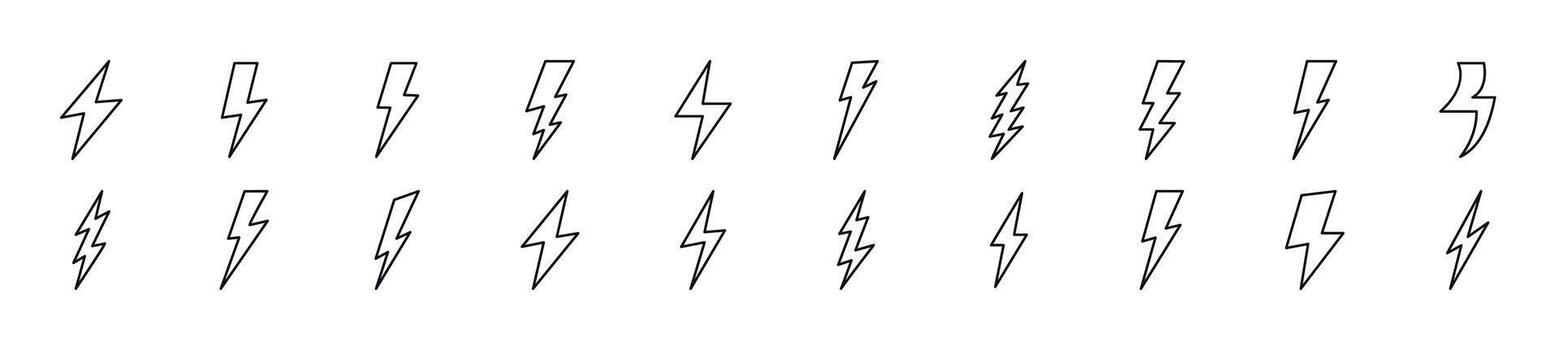Set of line icons of lightning. Editable stroke. Simple outline sign for web sites, newspapers, articles book vector