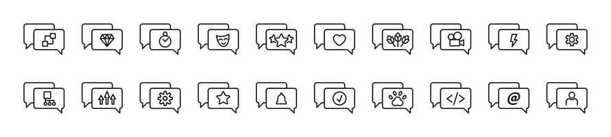 Collection of thin signs of items in speech bubbles. Editable stroke. Simple linear illustration for stores, shops, banners, design vector