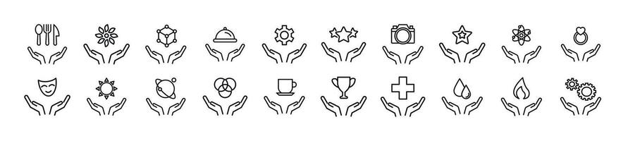 Collection of thin signs of items over hands. Editable stroke. Simple linear illustration for stores, shops, banners, design vector